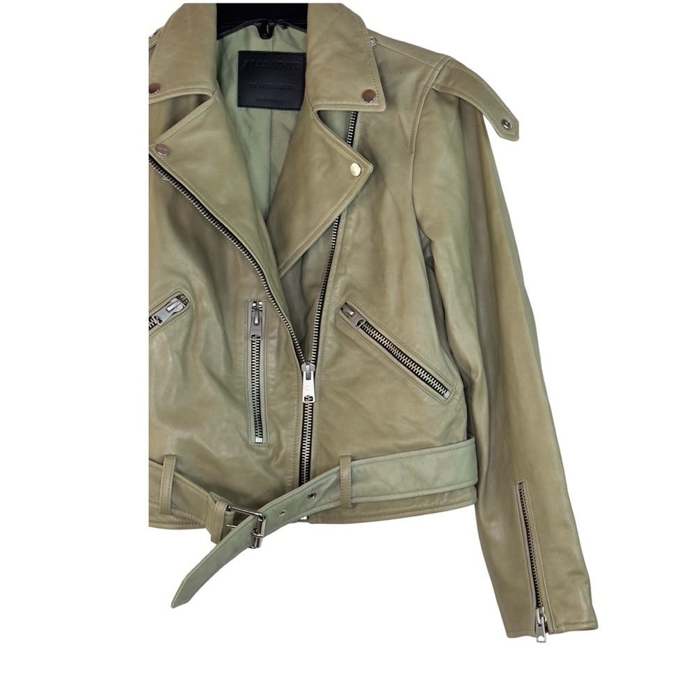 ALLSAINTS Women's Balfern Leather Biker Jacket in Soft Sage Size 6 - Picture 4 of 16